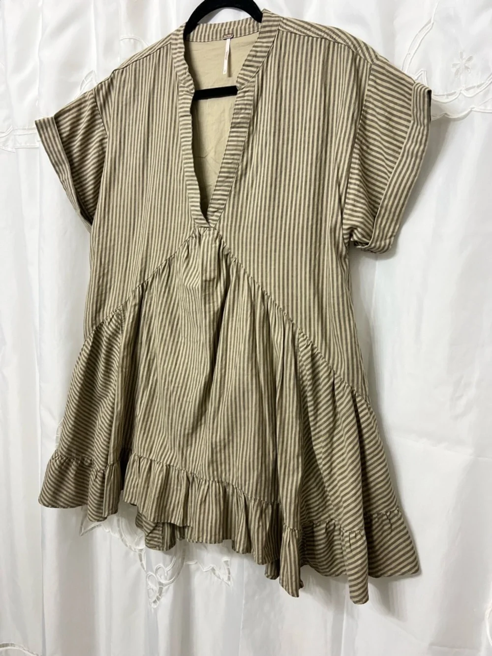 Free People NWOT Stripe Babydoll Mini Dress Tan Gray Linen Blend Oversized Small